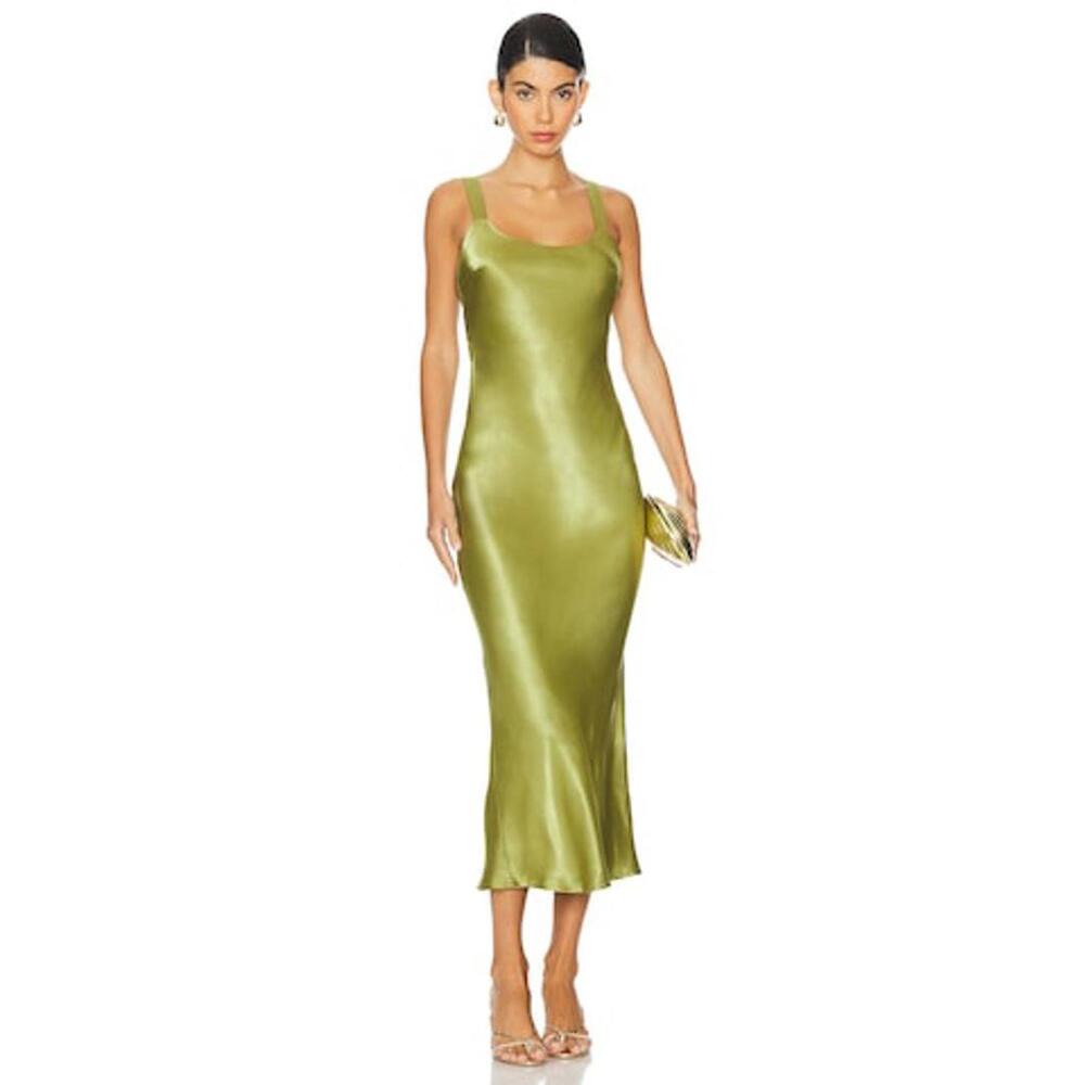 Satin Slip Midi Dress in Olive Green